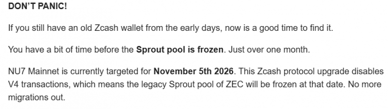 Команда Zcash назначила дедлайн на вывод средств из пула Sprout на 4 ноября
